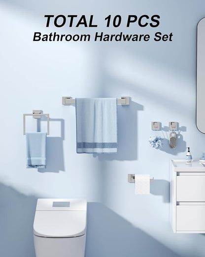 10-Piece Brushed Nickel Bathroom Hardware Set with 16" Towel Bar, Toilet Paper Holder, Towel Rings & Robe Hooks, Stainless Steel Square Bathroom Accessories Kit Wall Mounted