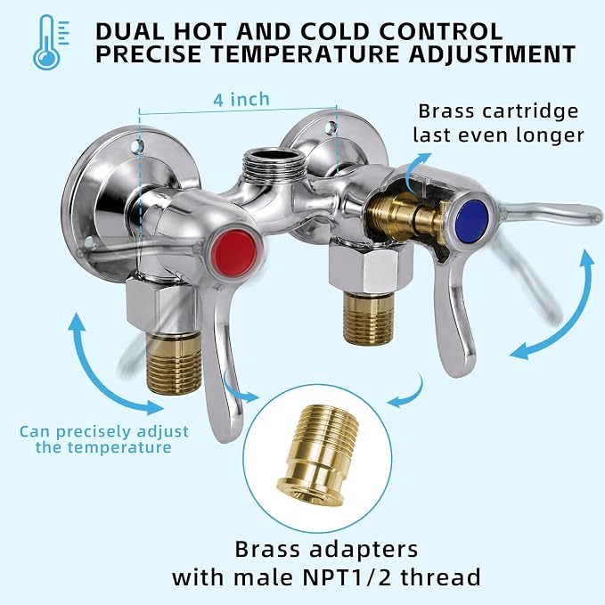 Outdoor Shower Kit Fixture Dual Handle Solid Brass 4 Inch Center Mix Valve with 59 Inch Hose and Showerhead Outdoor Shower System with ABS 6 Spray Mode Handheld Chrome Polish