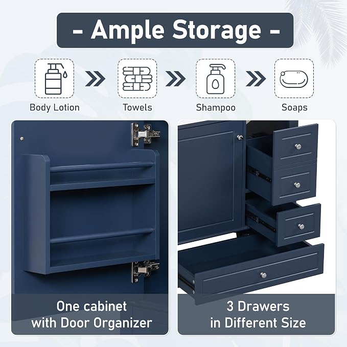 Bathroom Vanity with Ceramic Sink 30 Inch, Cabinet with One Door and Three Drawers, Soft-Closing Door, Solid Wood Legs, Blue