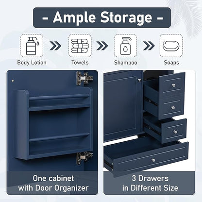 30" Vanity with Sink, Bathroom Vanities 30 Inch with Sink, Single Sink Bathroom Vanity with Door Shelf and Three Drawers, Restroom Vanity with Sink Top (Blue)