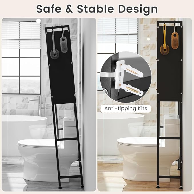 BECOMFORT Over The Toilet Storage Cabinet, Above Toilet Bathroom Shelf with Flip-up PC Doors, Metal Stand & 4 Hooks, Freestanding Space Saver, Over Toilet Bathroom Organizer for Laundry Room (Black)