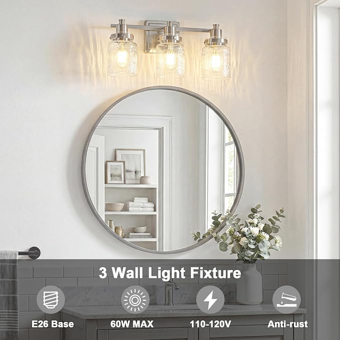 3 Light Bathroom Vanity Light Fixtures Modern Brushed Nickel | ETL Certificate, Easy to Install,Wall Mount Up or Down,Hammered Glass Lampshade,E26 Socket,Hardwired,120V