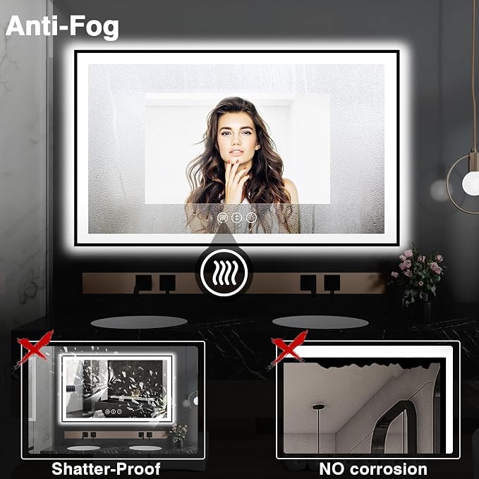 EchosLife 60x36 LED Mirror for Bathroom - Black Aluminum Framed | Black Frame, Front and Backlit, Anti-Fog, Stepless Dimmable, 3 Colors, Memory, Tempered Glass, UL Listed, Horizontal/Vertical