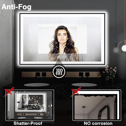 EchosLife 60x36 LED Mirror for Bathroom - Black Aluminum Framed | Black Frame, Front and Backlit, Anti-Fog, Stepless Dimmable, 3 Colors, Memory, Tempered Glass, UL Listed, Horizontal/Vertical