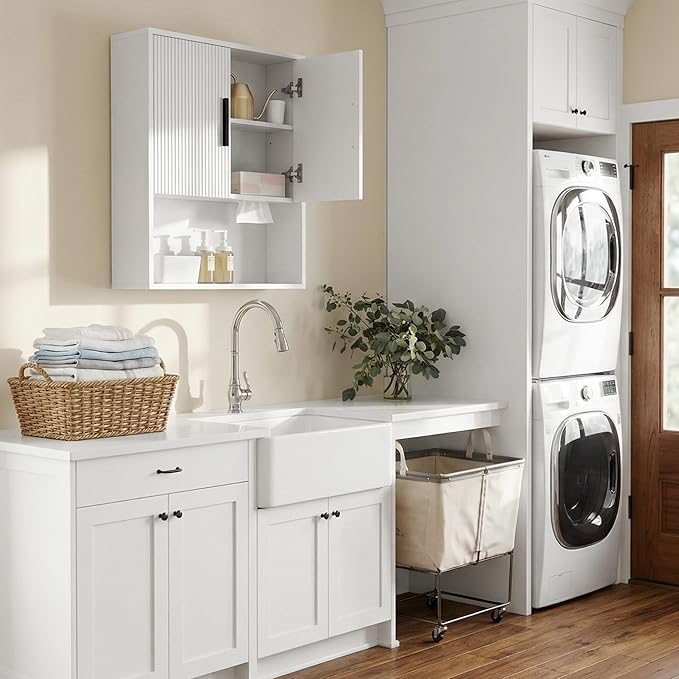 Modern Fluted Bathroom Wall Cabinet with Motion Sensor LED Light, White Over The Toilet Storage with Tissue Dispenser, Soft-Close Hanging Medicine Cabinet with Adjustable Shelves & Open Rack