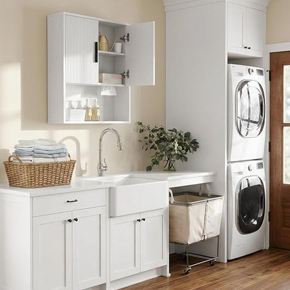 Modern Fluted Bathroom Wall Cabinet with Motion Sensor LED Light, White Over The Toilet Storage with Tissue Dispenser, Soft-Close Hanging Medicine Cabinet with Adjustable Shelves & Open Rack