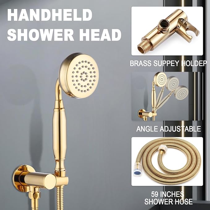 Enga Antique Shower Faucet Sets Dual Heads with Tub Spout 8" Ceiling & 6" Wall Mount Vintage Shower Head Handheld Spray Combo, 4 Way Diverter Brass with Trim Kit, Bright Gold