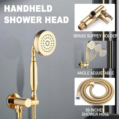 Enga Antique Shower Faucet Sets Dual Heads with Tub Spout 8" Ceiling & 6" Wall Mount Vintage Shower Head Handheld Spray Combo, 4 Way Diverter Brass with Trim Kit, Bright Gold