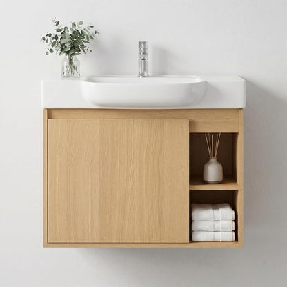 24" Bathroom Vanity with Sink, Wall-Mounted Cabinet, Light Oak | Ceramic Sink, Soft-Close Door & 2 Open Storage Shelves, Modern Farmhouse Sink Cabinet, Easy to Clean for Small Bathroom