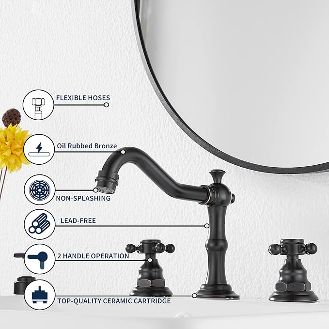GGStudy Two Handles Three Holes Faucet 8-16 inch Widespread Bathroom Sink Faucet Oil Rubbed Bronze Basin Tap Mixer Supply Hose Included Matching Metal Pop Up Drain