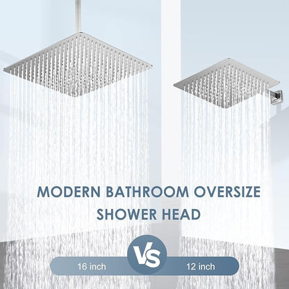 16 inch Brushed Nickel Large Rain Shower Head - All Metal 304 Stainless Steel, Full Body Rainfall Shower with 324 Silicone Nozzles - Waterfall Bathroom Square Showerheads, Ceiling Mounted