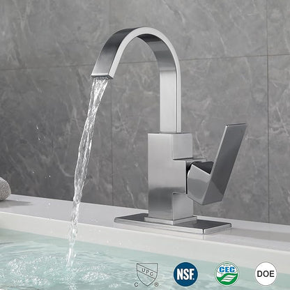 Brushed Nickel Bathroom Faucet with 360 Degree Swivel Spout Waterfall Faucet for Bathroom Vanity，Single Hole Bar Sink Faucet with Hose and 6 "Deck Plate,SL5004BN