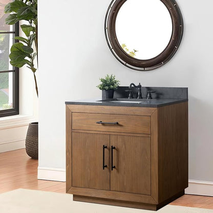 Vanity Art 36 inch Bathroom Vanity with Single Sink, Modern Wood Bath Vanity with Black Marble Top, Vanity Cabinet with Doors, Removable Shelf, Solid Wood Frame, Ceramic Sink, Tan VA7036B
