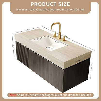 48” Floating Bathroom Vanity with Sink, Wall-Mounted Cabinet with Drawer & Doors, Roma Travertine-Pattern Countertop, Undermount Basin, 3 Faucet Hole, Soft-Close, Pre-Assembled, Dark Oak