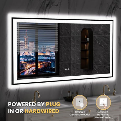 LOAAO 72"X32" LED Bathroom Mirror Black Framed | Anti-Fog, Dimmable, Memory Function, Tempered Glass, Lighted Vanity Mirror for Wall