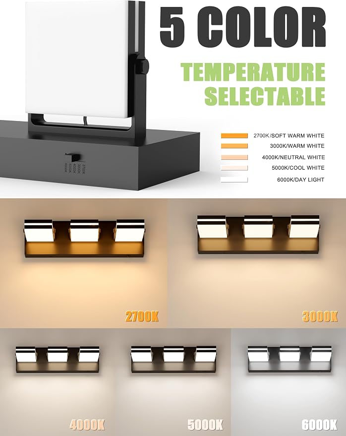 VOLISUN 3 Light Bathroom Vanity Light, 24 inch Dimmable Bathroom Light Fixtures Over Mirror, 5 Color Temperatures, 180°Rotatable Head, Black LED Vanity Lights for Bathrooms-ETL Certificated