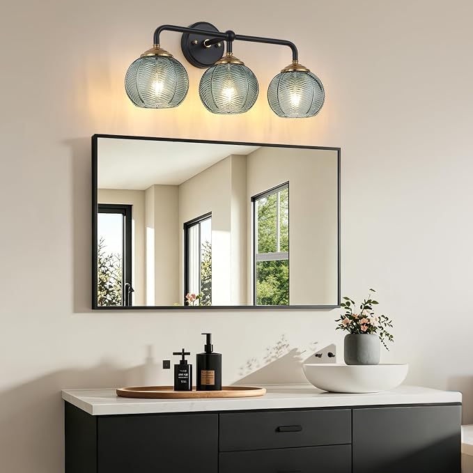 Mecgirn Bathroom Vanity Light Fixtures, 3-Light Green Glass Shade, Modern Black and Gold Wall Sconce, Unique Textured Leaf Pattern, Ceramic E26 Sockets Wall Mounted for Mirror, Cabinet, Hallway