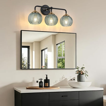 Mecgirn Bathroom Vanity Light Fixtures, 3-Light Green Glass Shade, Modern Black and Gold Wall Sconce, Unique Textured Leaf Pattern, Ceramic E26 Sockets Wall Mounted for Mirror, Cabinet, Hallway