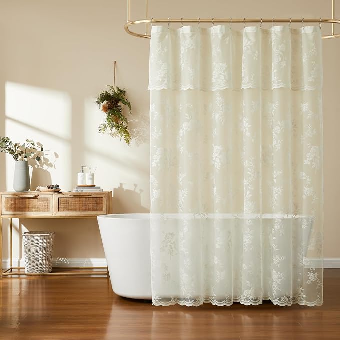 Ivory Lace Shower Curtain for Bathroom Romantic Floral Shower Curtain with Attached Valance Romantic Cream Luxury Lace, Vintage Shabby Chic Bath Curtains for Master Bath Apartment Women, 1 Panel 72x72