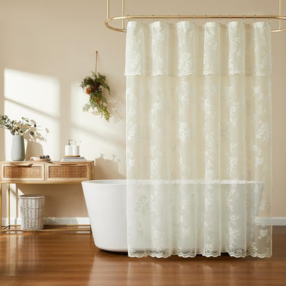 Ivory Lace Shower Curtain for Bathroom Romantic Floral Shower Curtain with Attached Valance Romantic Cream Luxury Lace, Vintage Shabby Chic Bath Curtains for Master Bath Apartment Women, 1 Panel 72x72