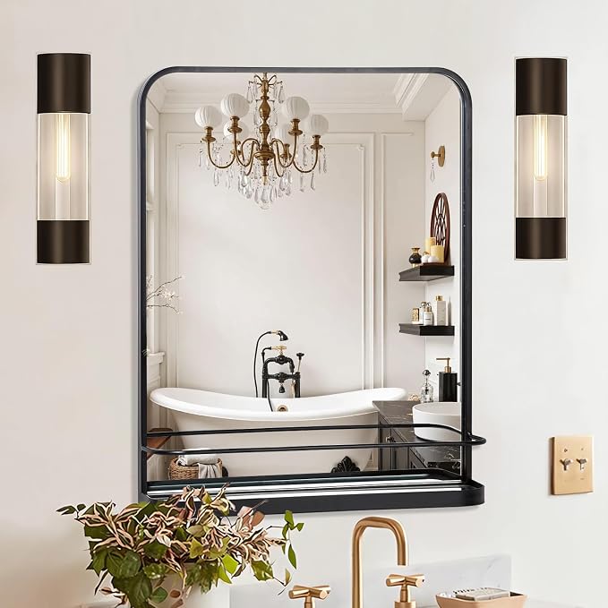 VASUHOME Black Bathroom Mirror with Shelf - Bathroom Vanity Mirror with Metal Frame with Rounded Corners - 26.8" x 21.3" - Perfect for Living Room, Bedroom, Bathroom, Entryway