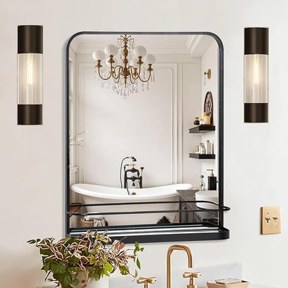 VASUHOME Black Bathroom Mirror with Shelf - Bathroom Vanity Mirror with Metal Frame with Rounded Corners - 26.8" x 21.3" - Perfect for Living Room, Bedroom, Bathroom, Entryway