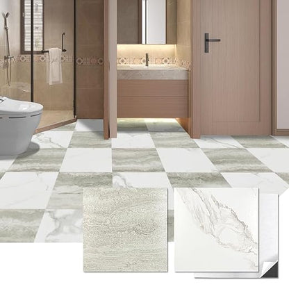 Art3d 30-Pack Peel and Stick Vinyl Floor Tiles, White & Beige Marble | 15 Tiles per Color, 12" x 12" Single Tile, Anti-Slip, Waterproof, Ideal for Kitchen, Bathroom, Living Room, Bedroom