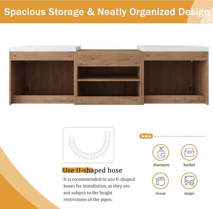 Malwee 72'' Floating Bathroom Vanity with Double Sink, Brown | Wall Mounted Double Sink Combo, Plywood Cabinet, Resin Basin, Ample Storage, Soft-close Hinge, Assembly Required