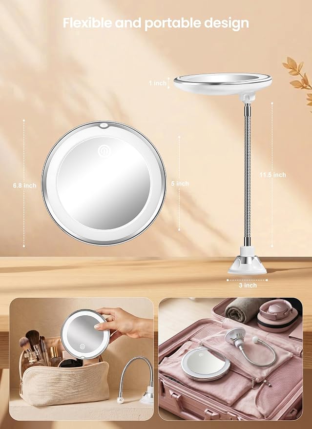 10x Makeup Mirror with Lights, Magnifying Mirror 3 Light Modes Silver | Wall-Mounted Lighted Vanity Makeup Mirror, Cordless Battery Operated LED Mirror with Suction Cups for Shower Bathroom