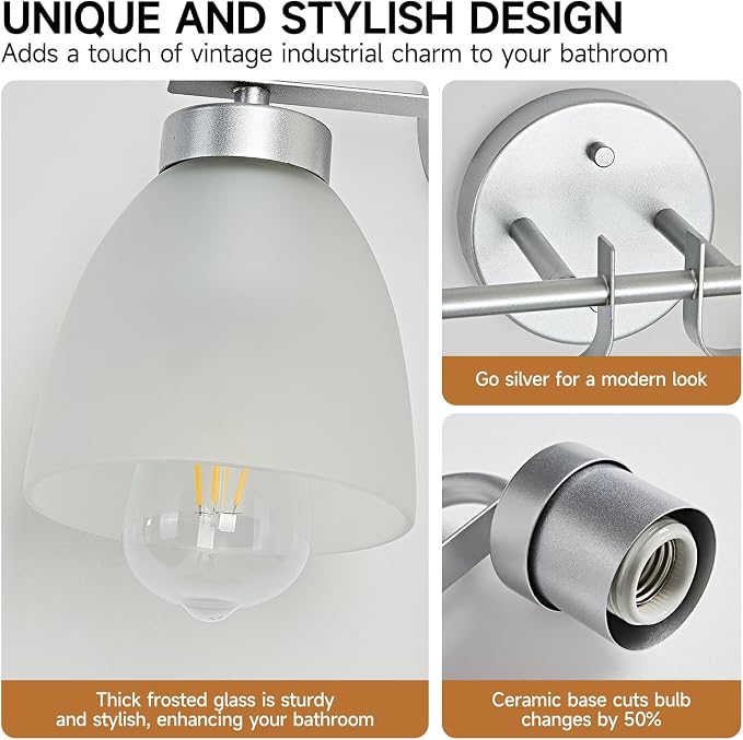 21 Inch Mid-Century Modern Vanity Lights, 3-Light Silver Bathroom Light Fixture with Frosted White Bell Shades, Industrial Wall Sconce for Mirror Over Vanity, Bedroom, Hallway