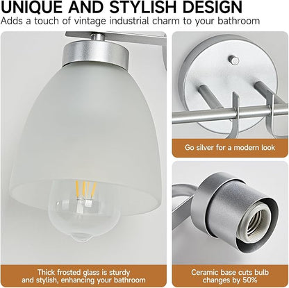 21 Inch Mid-Century Modern Vanity Lights, 3-Light Silver Bathroom Light Fixture with Frosted White Bell Shades, Industrial Wall Sconce for Mirror Over Vanity, Bedroom, Hallway