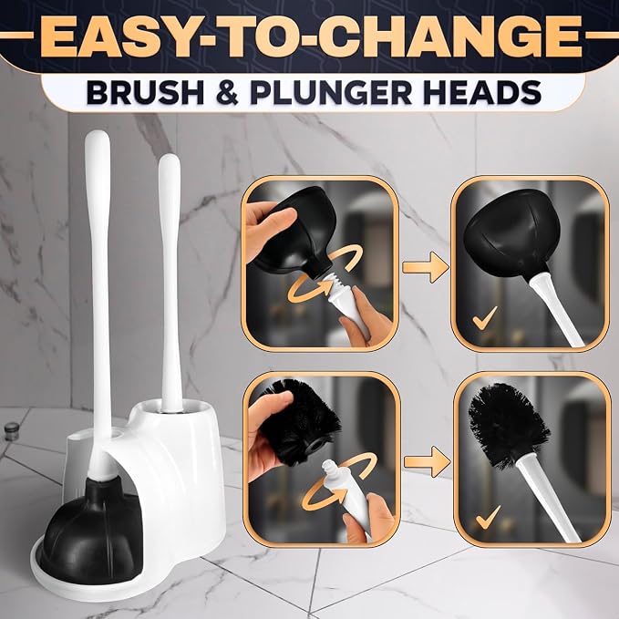 15.2" Toilet Brush and Plunger Set with Holder, Nylon Bristles, (White) | Toilet Bowl Brush, Holder and Plunger, Easy to Place and Simple to Store After Use, Compact Accessory for Small Spaces