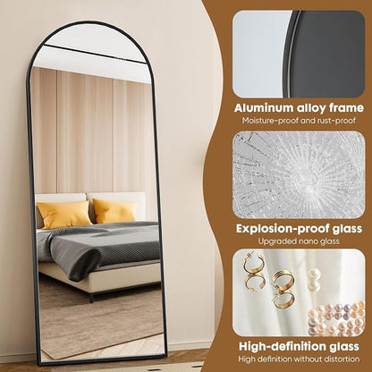 NEWBULIG Arched Full Length Floor Mirror 58"x19", Body Standing Mirror | Wall Hanging or Leaning, Shatter-Proof Glass, Aluminum Alloy Frame with Stand, Home Decor Bedroom, Black