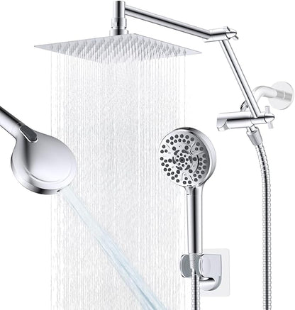 Metal Rain Shower Head with Handheld, 8“ High-Pressure Showerhead,10-Mode | Chrome, Rainfall Shower Head with 5" Large Handheld Spray, Adjustable 16" Shower Extension Arm/71" Hose, Brass 3-Way Diverter