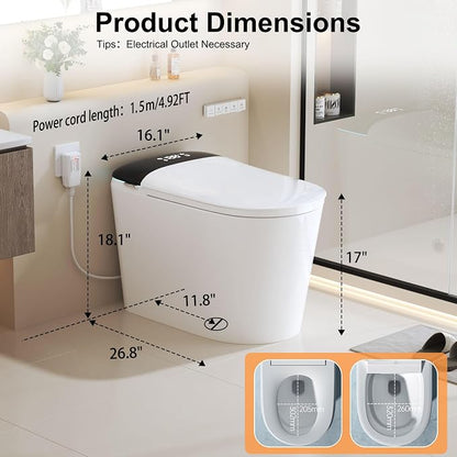 Luxury Smart Bidet Toilet with Tank, Foam Shield, Dual Auto Flush/Lid&Seat, Foot Sensor, LED Display, Electric Modern One Piece Toilets for Bathroom with Siphon Dual Flush 0.8/1.2 GPF