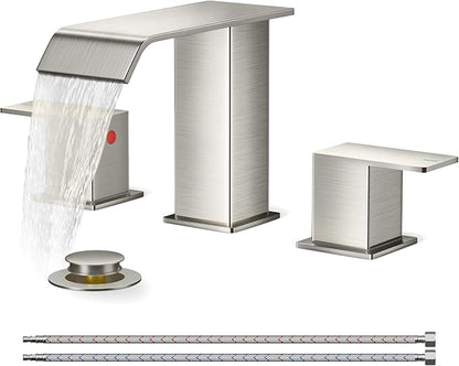 FORIOUS Widespread Bathroom Sink Faucet 3 Hole Brushed Nickel, 2 Handles Waterfall Bathroom Faucet with Metal Pop-up Drain and 24" Hot and Cold Water Hoses, Suitable for Vanity RV Restroom