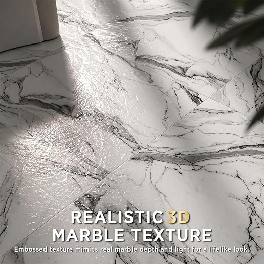 Marble Grain 12x12 Inch Peel and Stick Floor Tile, Ink Vein Marble, 10 PCS | NO Grout, NO Mess, For Kitchen Backsplash, Bathroom Update, Non-Slip & Scratch-Resistant