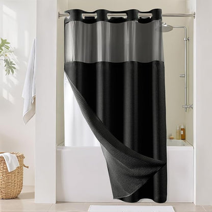 River Dream Cotton Blend Fabric Shower Curtain Set with Liner, Black, 54x80 | Waffle Weave, No Hook Needed, with Snap in Replacement Liner, Top Sheer Window, Hotel Quality Fabric for Bathroom