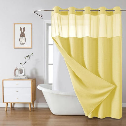 eachope No Hook Long Waffle Shower Curtain, Snap-in Liner, 71x86 in, Yellow | 230 GSM waffle weave fabric, waterproof liner set with 2 bottom magnets, mesh top window, washable, for bathroom or hotel use