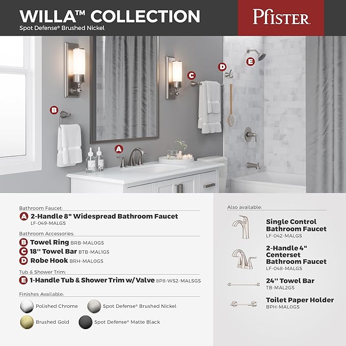 Pfister Willa Bathroom Sink Faucet, 8-Inch Widespread, 2-Handle, 3-Hole, NSF Certified, Spot Defense Brushed Nickel Finish, LF049MALGS