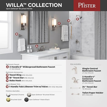 Pfister Willa Bathroom Sink Faucet, 4-Inch Centerset, 2-Handle, 3-Hole, NSF Certified, Spot Defense Brushed Nickel Finish, LF048MALGS