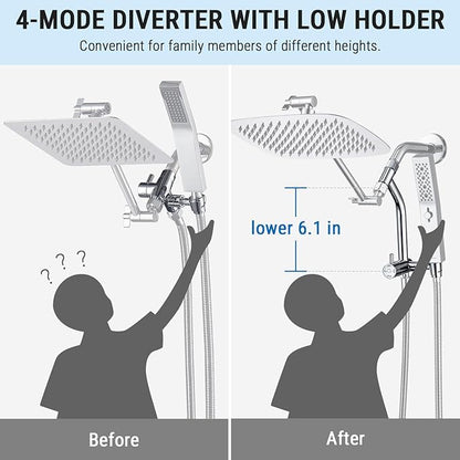 G-Promise 10 Inch All Metal Rain Shower Head with Handheld Spray (Chrome) | Suits Every Height, Pause Mode Diverter, Massage Mode Handheld, Full Body Coverage, Easy to Install, Modern Bath Upgrade