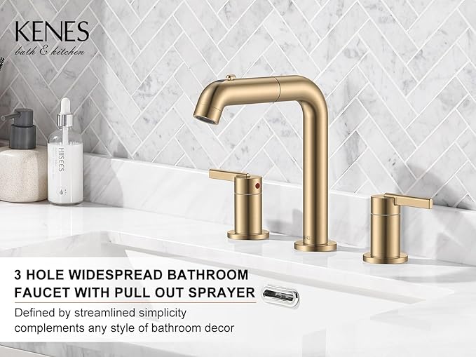Champagne Bronze Pull Down Widespread Bathroom Faucet 3 Hole 2 Handle | Pull Out Bathroom Faucet with Pop Up Drain & Supply Lines, Lead-Free cUPC & NSF Certified, 8 Inch Faucet for Vanity RV Sink