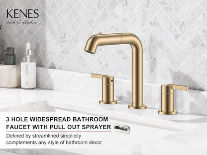 Champagne Bronze Pull Down Widespread Bathroom Faucet 3 Hole 2 Handle | Pull Out Bathroom Faucet with Pop Up Drain & Supply Lines, Lead-Free cUPC & NSF Certified, 8 Inch Faucet for Vanity RV Sink