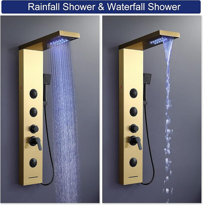 ROVATE 6 in 1 LED Rainfall Waterfall Shower Panel Tower System Brushed Gold | Stainless Steel Shower Column with 2-Setting Body Jets, Waterfall Tub Spout and Flexible Handheld, Water Flow Adjustable