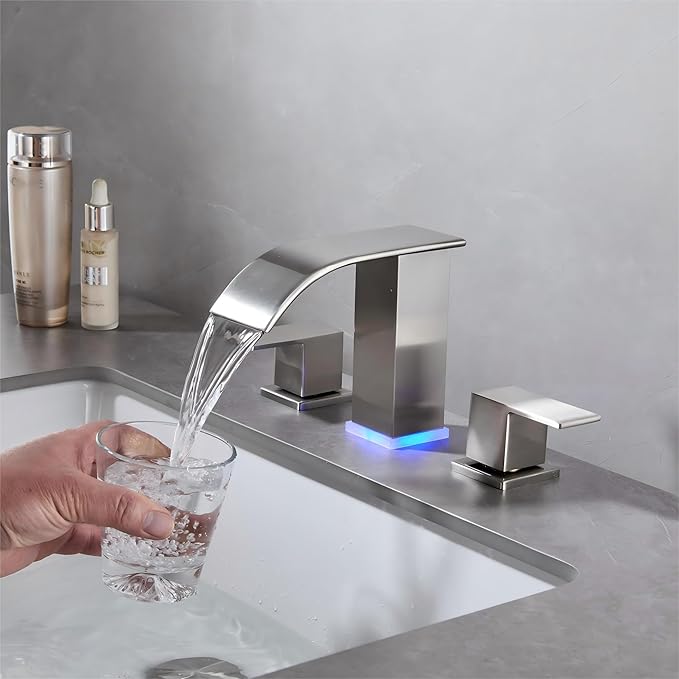 Brushed Nickel Bathroom Sink Faucet 3 Hole, Widespread Vanity faucets with LED Waterfall Modern 3 Hole Faucet for Bathroom Sink pop-up Drain Touch on 2 Handle (Brushed Nickel)
