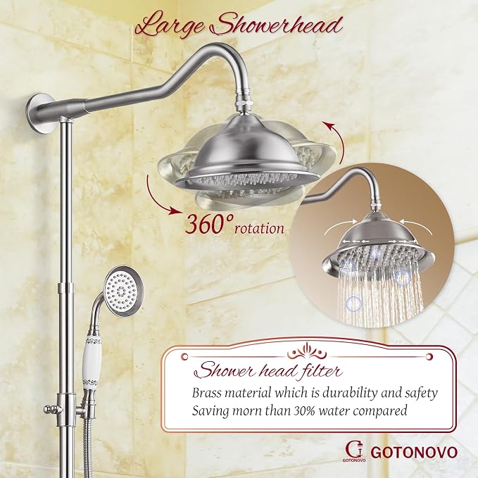 gotonovo Vintage Exposed Shower Faucet Set with Tub Spout,Brushed Nickel | Bathtub 8” Shower Head with Handheld System Fixtures Combo Kit,360°Rotation,Fast Filler,Extra Extension Tube,for 5-6.7" Hole