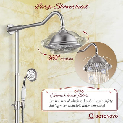 gotonovo Vintage Exposed Shower Faucet Set with Tub Spout,Brushed Nickel | Bathtub 8” Shower Head with Handheld System Fixtures Combo Kit,360°Rotation,Fast Filler,Extra Extension Tube,for 5-6.7" Hole