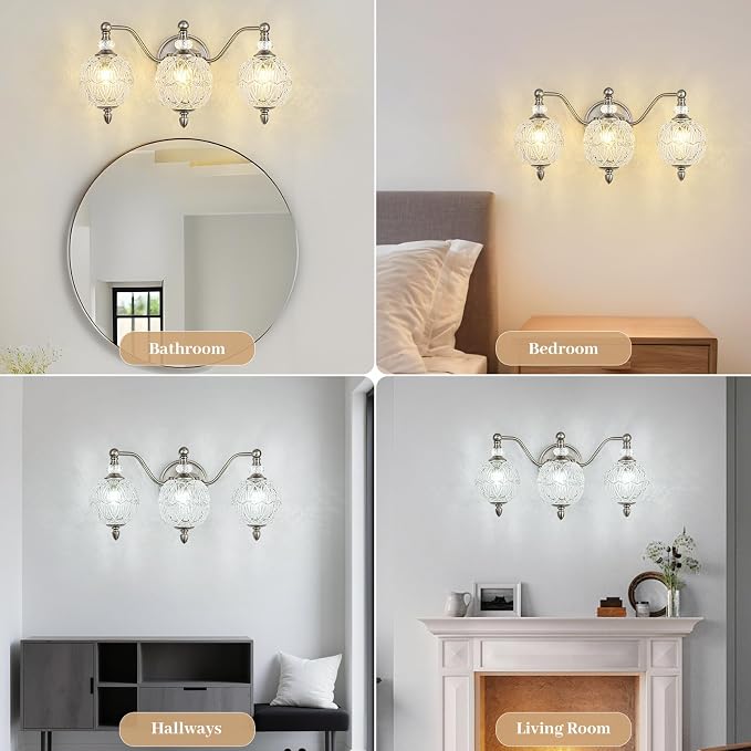 Brushed Nickel Bathroom Vanity Light, 3-Light Mid Century Modern Brushed Nickel Finish Wall Sconce with Globe Glass Shades, Modern Mirror Light for Bathroom, Powder Room
