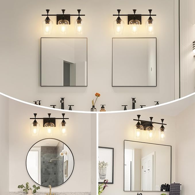 Bathroom Light Fixtures (3-Light, 19 Inch), Matte Black Vanity Lights for Bathroom with Clear Wine Glass Glass Shade, Modern Vanity Wall Lights for Mirror Bedroom Living Room Kitchen Hallway Porch